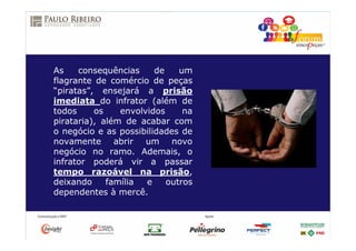 As consequências de um
flagrante de comércio de peças
“piratas”, ensejará a prisão
imediata do infrator (além de
todos os envolvidos na
pirataria), além de acabar com
o negócio e as possibilidades de
novamente abrir um novo
negócio no ramo. Ademais, o
infrator poderá vir a passar
tempo razoável na prisão,
deixando família e outros
dependentes à mercê.
 