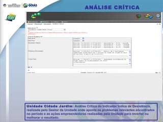 ANÁLISE CRÍTICA Unidade Cidade Jardim : Análise Crítica do Indicador Índice de Desistência,  realizada pelo Gestor da Unidade onde aponta os problemas relevantes encontrados no período e as ações empreendedoras realizadas pela Unidade para reverter ou melhorar o resultado. 