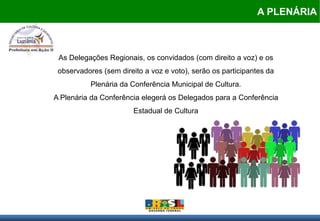 A PLENÁRIA



 As Delegações Regionais, os convidados (com direito a voz) e os
 observadores (sem direito a voz e voto), serão os participantes da
           Plenária da Conferência Municipal de Cultura.
A Plenária da Conferência elegerá os Delegados para a Conferência
                        Estadual de Cultura
 