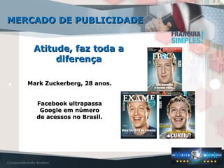 Atitude, faz toda aAtitude, faz toda a
diferençadiferença
Mark Zuckerberg, 28 anos.Mark Zuckerberg, 28 anos.
Facebook ultrapassaFacebook ultrapassa
Google em númeroGoogle em número
de acessos no Brasil.de acessos no Brasil.
MERCADO DE PUBLICIDADEMERCADO DE PUBLICIDADE
 