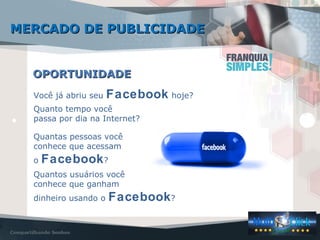 OPORTUNIDADEOPORTUNIDADE
Você já abriu seu Facebook hoje?
Quanto tempo você
passa por dia na Internet?
Quantas pessoas você
conhece que acessam
o Facebook?
Quantos usuários você
conhece que ganham
dinheiro usando o Facebook?
MERCADO DE PUBLICIDADEMERCADO DE PUBLICIDADE
 