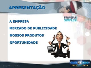 APRESENTAÇÃOAPRESENTAÇÃO
MERCADO DE PUBLICIDADEMERCADO DE PUBLICIDADE
NOSSOS PRODUTOSNOSSOS PRODUTOS
OPORTUNIDADEOPORTUNIDADE
A EMPRESAA EMPRESA
 