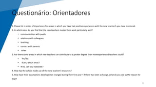 Questionário: Orientadores
1. Please list in order of importance five areas in which you have had positive experiences with the new teacher/s you have mentored.
2. In which areas do you find that the new teachers master their work particularly well?
• communication with pupils
• relations with colleagues
• teaching
• contact with parents
• other
3. Are there some areas in which new teachers can contribute to a greater degree than moreexperienced teachers could?
• Yes/No.
• If yes, which areas?
• If no, can you elaborate?
4. How has the school made use of the new teachers’ resources?
5. How have their assumptions developed or changed during their first year? If there has been a change, what do you see as the reason for
that?
11
 