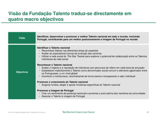 Visão da Fundação Talento traduz-se directamente em
quatro macro objectivos


                                         Identificar, desenvolver e promover o melhor Talento nacional em todo o mundo, incluindo
               Visão
                                         Portugal, contribuindo para um melhor posicionamento e imagem de Portugal no mundo


                                         Identificar o Talento nacional
                                           • Reconhecer líderes nas diferentes áreas de expertise
                                           • Avaliar as expectativas futuras de evolução das carreiras
                                           • Utilizar a rede social do The Star Tracker para explorar o potencial de colaboração entre os Talentos
                                             individuais da rede social

                                         Reconhecer o Talento nacional
                                          • Avaliar o trajecto e a reputação de indivíduos com percursos de relevo em cada área de actuação
                                          • Estabelecer implicitamente o Talento como denominador social comum e elemento aglutinador entre
          Objectivos
                                            os Portugueses, a um nível global
                                          • Incentivar a meritocracia, reconhecendo de forma isenta e transparente o valor individual

                                         Promover o crescimento do Talento nacional
                                          • Angariar fundos, eleger e apoiar iniciativas específicas do Talento nacional

                                         Promover a imagem de Portugal
                                          • Criar um sentimento de pertença nacional e aumentar a auto estima dos membros da comunidade
                                          • Associar o Talento à imagem de Portugal




57941-00-CriaçãoFundaçãoTalento-12Dec08-ML-ml-LIS(v.2)                                                                                           11
 