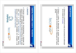 OBJETIVOS
Desenvolver o entendimento amplo dos processos de elaboração
de um projeto de Inovação.
Enfatizar a prática de elaboração de projetos buscando um
Aperfeiçoamento de Conhecimentos em Elaboração de Projetos
de PDI.

EDITAL FAPEMIG 13/2013 - TECNOVA
1. OBJETIVO

Financiar propostas de microempresas e empresas de
pequeno porte, sediadas no Estado de Minas Gerais, para
o desenvolvimento de produtos e/ou processos inovadores,
com risco e conteúdo tecnológico e, dessa forma,
promover o aumento das atividades de inovação e da
competitividade das empresas.

 