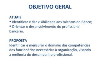 OBJETIVO GERAL ATUAIS Identificar e dar visibilidade aos talentos do Banco; Orientar o desenvolvimento do profissional bancário. PROPOSTA Identificar e mensurar o domínio das competências dos funcionários necessárias à organização, visando a melhoria do desempenho profissional. 