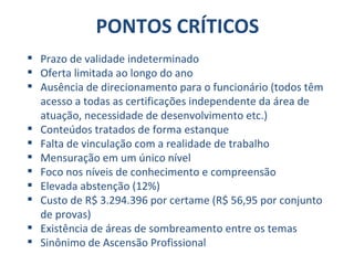 PONTOS CRÍTICOS Prazo de validade indeterminado Oferta limitada ao longo do ano Ausência de direcionamento para o funcionário (todos têm acesso a todas as certificações independente da área de atuação, necessidade de desenvolvimento etc.) Conteúdos tratados de forma estanque Falta de vinculação com a realidade de trabalho Mensuração em um único nível Foco nos níveis de conhecimento e compreensão Elevada abstenção (12%)  Custo de R$ 3.294.396 por certame (R$ 56,95 por conjunto de provas)  Existência de áreas de sombreamento entre os temas Sinônimo de Ascensão Profissional 