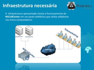 Infraestrutura necessária
 A infraestrutura apresentada simula o funcionamento do
 NGCallCenter em um posto telefônico que utiliza softphone
 nos micro computadores:
 