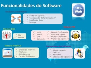 Funcionalidades do Software
  Módulo Conectividade
                              Custo em ligações
                              Configuração de Terminações IP
                              Escolha de Rotas
                              Recarga

                                                                         Módulo PBX
 Módulo DAC
                                        Perfil         Salas de Conferencia
               Fila                    Ramal          Música de Espera
               Agente                  URA            Anúncio Chamador
                                        Comandos       Anúncio do Agente


  Módulo Preditivo                                  Gerenciador de CallCenter
                 Grupos de Telefones                       Monitoramento
                 Telefones                                 Gráficos
                 Agendamento                               Relatórios
                 Carteira de Clientes                      Gravação de Ligações
 