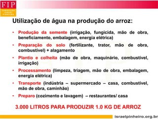 Utilização de água na produção do arroz:
• Produção da semente (irrigação, fungicida, mão de obra,
beneficiamento, embalagem, energia elétrica)
• Preparação do solo (fertilizante, trator, mão de obra,
combustível) + alagamento
• Plantio e colheita (mão de obra, maquinário, combustível,
irrigação)
• Processamento (limpeza, triagem, mão de obra, embalagem,
energia elétrica)
• Transporte (indústria – supermercado – casa, combustível,
mão de obra, caminhão)
• Preparo (cozimento e lavagem) – restaurantes/ casa
3.000 LITROS PARA PRODUZIR 1.0 KG DE ARROZ
 