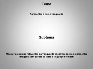 Tema Apresentar o que é vanguarda Subtema Mostrar os pontos relevantes da vanguarda escolhida (podem apresentar imagens sem perder de vista a linguagem visual) 