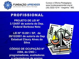 REGULAMENTAÇÃO PROFISSIONAL Cursos e Oficina Pedagógica www.fundacaoaprender.org.br (35) 3222-1214 - Varginha - MG PROJETO DE LEI Nº 3.124/97 de autoria do Dep. Federal Barbosa Neto LEI Nº 10.891 / SP,  de 20/12/2001 de autoria do Dep Estadual Claury Alves da Silva CÓDIGO DE OCUPAÇÃO Nº 2394, do CNO – programadores, avaliadores e orientadores de ensino 