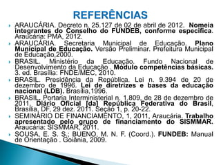    ARAUCÁRIA. Decreto n. 25.127 de 02 de abril de 2012. Nomeia
    integrantes do Conselho do FUNDEB, conforme especifica.
    Araucária: PMA, 2012.
   ARAUCÁRIA. Secretaria Municipal de Educação. Plano
    Municipal de Educação. Versão Preliminar. Prefeitura Municipal
    de Educação,2000.
   BRASIL. Ministério da Educação. Fundo Nacional de
    Desenvolvimento da Educação . Módulo competências básicas.
    3. ed. Brasília: FNDE/MEC, 2010.
   BRASIL. Presidência da República. Lei n. 9.394 de 20 de
    dezembro de 1996. Lei de diretrizes e bases da educação
    nacional (LDB). Brasília,1996.
   BRASIL. Portaria Interministerial n. 1.809, de 28 de dezembro de
    2011. Diário Oficial [da] República Federativa do Brasil,
    Brasília, DF, 29 dez. 2011. Seção 1, p. 20-22.
   SEMINÁRIO DE FINANCIAMENTO, 1, 2011, Araucária. Trabalho
    apresentado pelo grupo de financiamento do SISMMAR.
    Araucária: SISMMAR, 2011.
   SOUSA, E. S. S.; BUENO, M. N. F. (Coord.). FUNDEB: Manual
    de Orientação . Goiânia, 2009.
 