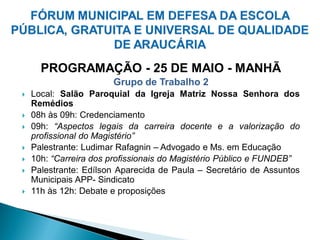 PROGRAMAÇÃO - 25 DE MAIO - MANHÃ
                       Grupo de Trabalho 2
   Local: Salão Paroquial da Igreja Matriz Nossa Senhora dos
    Remédios
   08h às 09h: Credenciamento
   09h: “Aspectos legais da carreira docente e a valorização do
    profissional do Magistério”
   Palestrante: Ludimar Rafagnin – Advogado e Ms. em Educação
   10h: “Carreira dos profissionais do Magistério Público e FUNDEB”
   Palestrante: Edílson Aparecida de Paula – Secretário de Assuntos
    Municipais APP- Sindicato
   11h às 12h: Debate e proposições
 