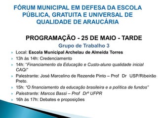 PROGRAMAÇÃO - 25 DE MAIO - TARDE
                        Grupo de Trabalho 3
   Local: Escola Municipal Archelau de Almeida Torres
   13h às 14h: Credenciamento
   14h: “Financiamento da Educação e Custo-aluno qualidade inicial
    CAQi”
   Palestrante: José Marcelino de Rezende Pinto – Prof Dr USP/Ribeirão
    Preto.
   15h: “O financiamento da educação brasileira e a política de fundos”
   Palestrante: Marcos Bassi – Prof Drº UFPR
   16h às 17h: Debates e proposições
 
