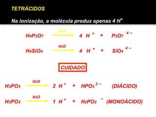TETRÁCIDOS 
Na ionização, a molécula produz apenas 4 H 
H2O 
+ 
H4P2O7 H + + P2O7 4 – 
H2O 
H4SiO4 H + + SiO4 
4 – 
4 
4 
CUIDADO 
H2O 
H3PO3 2 
H + + HPO3 2 – 
H2O 
H3PO2 1 
H + + H2PO2 – 
(DIÁCIDO) 
(MONOÁCIDO) 
 
