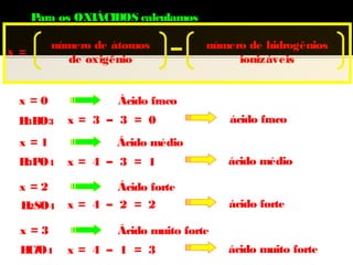 Para os OXIÁCIDOS calculamos 
x número de átomos 
= de oxigênio 
número de hidrogênios 
ionizáveis 
x = 0 Ácido fraco 
H3BO3 x = 3 – 3 = 0 ácido fraco 
x = 1 Ácido médio 
H3PO4 x = 4 – 3 = 1 ácido médio 
x = 2 Ácido forte 
H2SO4 x = 4 – 2 = 2 ácido forte 
x = 3 Ácido muito forte 
HClO4 x = 4 – 1 = 3 ácido muito forte 
 