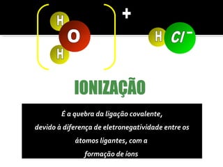 É a quebra da ligação covalente, 
devido à diferença de eletronegatividade entre os 
átomos ligantes, com a 
formação de íons 
 
