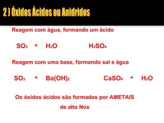 Reagem com água, formando um ácido 
SO3 + H2O H2SO4 
Reagem com uma base, formando sal e água 
SO3 + Ba(OH)2 CaSO4 + H2O 
Os óxidos ácidos são formados por AMETAIS 
de alto Nox 
 