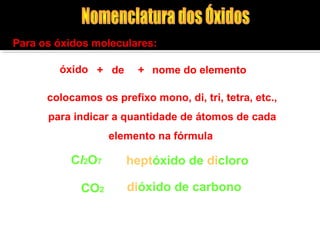Para os óxidos moleculares: 
óxido 
+ de + nome do elemento 
colocamos os prefixo mono, di, tri, tetra, etc., 
para indicar a quantidade de átomos de cada 
elemento na fórmula 
Cl2O7 heptóxido de dicloro 
CO2 
dióxido de carbono 
 