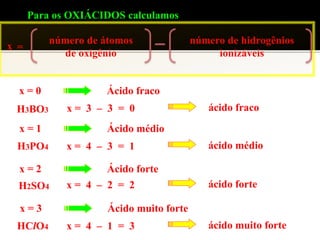 Para os OXIÁCIDOS calculamos 
x 
número de átomos 
de oxigênio 
= 
número de hidrogênios 
ionizáveis 
x = 0 Ácido fraco 
H3BO3 x = 3 – 3 = 0 ácido fraco 
x = 1 Ácido médio 
H3PO4 x = 4 – 3 = 1 ácido médio 
x = 2 Ácido forte 
H2SO4 x = 4 – 2 = 2 ácido forte 
x = 3 Ácido muito forte 
HClO4 x = 4 – 1 = 3 ácido muito forte 
 
