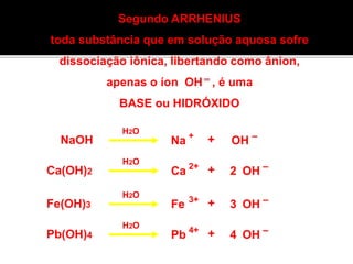 Segundo ARRHENIUS 
toda substância que em solução aquosa sofre 
dissociação iônica, libertando como ânion, 
apenas o íon OH , é uma 
BASE ou HIDRÓXIDO 
NaOH 
Na + + – 
2 
H2O 
OH 
H2O 
Ca(OH)Ca 2+ – 
2 + OH 
H2O 
Fe(OH)Fe 3+ 3 + 3 OH 
– 
H2O 
Pb(OH)Pb 4+ 4 + 4 OH 
– 
 