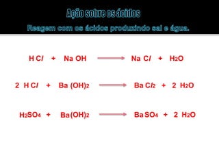 H Cl + Na OH Na Cl + H2O 
2 H Cl + Ba (OH)2 Ba Cl2 + 2 H2O 
H2SO4 + Ba(OH)2 BaSO4 + 2 H2O 
 