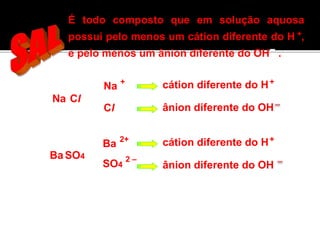 É todo composto que em solução aquosa 
possui pelo menos um cátion diferente do H + 
, 
e pelo menos um ânion diferente do OH . 
Na Cl 
BaSO4 
+ Na 
Cl 
Ba 
SO4 
cátion diferente do H+ 
ânion diferente do OH 
2+ cátion diferente do H+ 
ânion diferente do OH 
2 – 
 