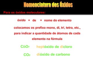Para os óxidos moleculares: 
óxido 
+ de + nome do elemento 
colocamos os prefixo mono, di, tri, tetra, etc., 
para indicar a quantidade de átomos de cada 
elemento na fórmula 
Cl2O7 heptóxido de dicloro 
CO2 
dióxido de carbono 
 