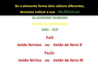 Se o elemento forma dois cátions diferentes, 
devemos indicar a sua VALÊNCIA em 
ALGARISMO ROMANO 
ou com as terminações 
OSO e ICO 
FeO 
óxido ferroso ou óxido de ferro II 
Fe2O3 
óxido férrico 
ou óxido de ferro III 
