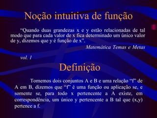 Noção intuitiva de função “ Quando duas grandezas x e y estão relacionadas de tal modo que para cada valor de x fica determinado um único valor de y, dizemos que y é função de x”.   Matemática Temas e Metas  vol. 1 Tomemos dois conjuntos A e B e uma relação “f” de A em B, dizemos que “f” é uma função ou aplicação se, e somente se, para todo x pertencente a A existe, em correspondência, um único y pertencente a B tal que (x,y) pertence a f. Definição 