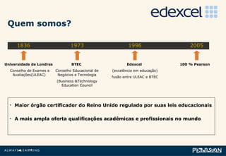 Maior órgão certificador do Reino Unido regulado por suas leis educacionais A mais ampla oferta qualificações acadêmicas e profissionais no mundo Universidade de Londres Conselho de Exames e Avaliações(ULEAC)  BTEC  Conselho Educacional de Negócios e Tecnologia (Business &Technology Education Council Edexcel   (excelência em educação) fusão entre ULEAC e BTEC 100 % Pearson 1836 1973 1996 2005 Quem somos? 