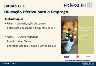 Estudo EEE Educação Efetiva para o Emprego http://www.eee-edexcel.com Metodologia: Fase I - Investigação de campo Entrevistas pessoais e Enquetes online Fase II - Mesas redondas Brasil, Índia, China  Emirados Árabes Unidos e África do Sul  