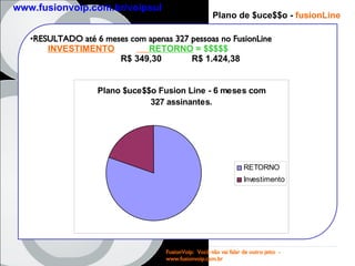 Plano de $uce$$o -  fusion Line RESULTADO até 6 meses com apenas 327 pessoas no FusionLine INVESTIMENTO   RETORNO  = $$$$$ R$ 349,30 R$ 1.424,38 FusionVoip:  Você não vai falar de outro jeito  -  www.fusionvoip.com.br www.fusionvoip.com.br/voipsul 