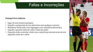 Faltas e Incorreções
Pontapé-livre indireto
• Jogar de uma maneira perigosa
• Impedir a progressão de um adversário sem qualquer contacto
• Manifestar desacordo, usar linguagem e/ou ação(ões) ofensivo(s),
• Impedir o guarda-redes de soltar a bola das mãos
• O guarda-redes controlar a bola com a mão/braço durante mais de seis
segundos antes de a soltar
 