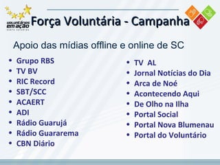 Apoio das mídias offline e online de SC Força Voluntária -  Campanha TV  AL Jornal Notícias do Dia Arca de Noé Acontecendo Aqui De Olho na Ilha Portal Social Portal Nova Blumenau Portal do Voluntário Grupo RBS TV BV RIC Record SBT/SCC ACAERT ADI Rádio Guarujá Rádio Guararema CBN Diário 