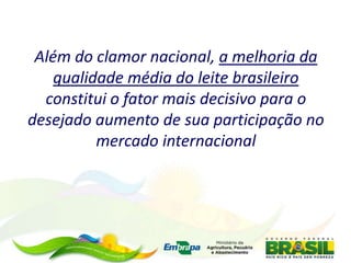 Além do clamor nacional, a melhoria da
qualidade média do leite brasileiro
constitui o fator mais decisivo para o
desejado aumento de sua participação no
mercado internacional
 