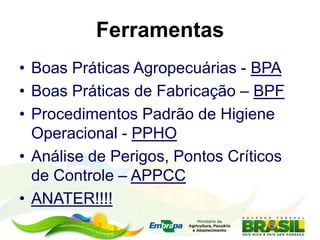 Ferramentas
• Boas Práticas Agropecuárias - BPA
• Boas Práticas de Fabricação – BPF
• Procedimentos Padrão de Higiene
Operacional - PPHO
• Análise de Perigos, Pontos Críticos
de Controle – APPCC
• ANATER!!!!
 