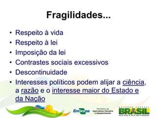 Fragilidades...
• Respeito à vida
• Respeito à lei
• Imposição da lei
• Contrastes sociais excessivos
• Descontinuidade
• Interesses políticos podem alijar a ciência,
a razão e o interesse maior do Estado e
da Nação
 