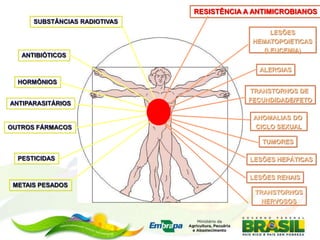 ANTIBIÓTICOS
HORMÔNIOS
ANTIPARASITÁRIOS
OUTROS FÁRMACOS
PESTICIDAS
METAIS PESADOS
SUBSTÂNCIAS RADIOTIVAS
ALERGIAS
LESÕES
HEMATOPOIETICAS
(LEUCEMIA)
TRANSTORNOS DE
FECUNDIDADE/FETO
ANOMALIAS DO
CICLO SEXUAL
TUMORES
LESÕES HEPÁTICAS
LESÕES RENAIS
TRANSTORNOS
NERVOSOS
RESISTÊNCIA A ANTIMICROBIANOS
 