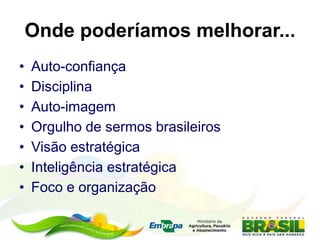 Onde poderíamos melhorar...
• Auto-confiança
• Disciplina
• Auto-imagem
• Orgulho de sermos brasileiros
• Visão estratégica
• Inteligência estratégica
• Foco e organização
 
