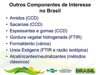 Outros Componentes de Interesse
no Brasil
• Amidos (CCD)
• Sacarose (CCD)
• Espessantes e gomas (CCD)
• Gordura vegetal hidrogenada (FTIR)
• Formaldeído (vários)
• Ureia Exógena (FTIR e razão isotópica)
• Alcalinizantes/neutralizantes (métodos
clássicos)
 