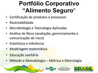 Portfólio Corporativo
“Alimento Seguro”
• Certificação de produtos e processos
• Rastreabilidade
• Microbiologia e Toxicologia Aplicadas
• Análise de Risco (avaliação, gerenciamento e
comunicação de risco)
• Estatística e inferência
• Modelagem matemática
• Educação sanitária
• Método e Metodologia – Métrica e Metrologia
 