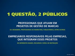 1 Questão, 2 Públicos
          Profissionais que atuam em
         projetos de gestão de marcas
 Ex: Designers, Profissionais de Marketing, Publicitários, entre outros



Empresários responsáveis Pelas Empresas,
      que integram esses projetos
          De diferentes idades, recursos e nível de instrução




                                                                          © Gabriel Meneses
 