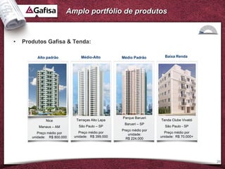 Amplo portfólio de produtos


•   Produtos Gafisa & Tenda:

          Alto padrão           Médio-Alto         Médio Padrão        Baixa Renda




                                                   Parque Barueri
              Nice            Terraças Alto Lapa                     Tenda Clube Vivaldi
                                                    Barueri – SP
          Manaus – AM          São Paulo – SP                          São Paulo - SP
                                                   Preço médio por
          Preço médio por       Preço médio por                        Preço médio por
                                                      unidade:
       unidade: R$ 800.000   unidade: R$ 399.000                     unidade: R$ 70.000+
                                                     R$ 224.000




                                                                                           20
 