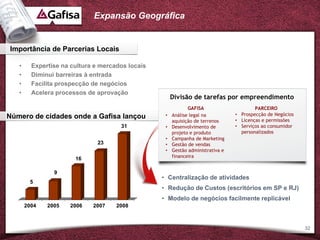Expansão Geográfica


Importância de Parcerias Locais

   •     Expertise na cultura e mercados locais
   •     Diminui barreiras à entrada
   •     Facilita prospecção de negócios
   •     Acelera processos de aprovação
                                                       Divisão de tarefas por empreendimento
                                                              GAFISA                     PARCEIRO
                                                   •   Análise legal na          • Prospecção de Negócios
Número de cidades onde a Gafisa lançou                                           • Licenças e permissões
                                                       aquisição de terrenos
                                      31           •   Desenvolvimento de        • Serviços ao consumidor
                                                       projeto e produto           personalizados
                                                   •   Campanha de Marketing
                              23                   •   Gestão de vendas
                                                   •   Gestão administrativa e
                                                       financeira
                       16

                9
                                                  • Centralização de atividades
        5
                                                  • Redução de Custos (escritórios em SP e RJ)
                                                  • Modelo de negócios facilmente replicável
       2004   2005   2006    2007    2008



                                                                                                            32
 