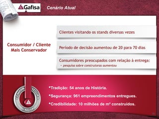 Cenário Atual




                        Clientes visitando os stands diversas vezes


Consumidor / Cliente
                        Período de decisão aumentou de 20 para 70 dias
 Mais Conservador

                        Consumidores preocupados com relação à entrega:
                        - pesquisa sobre construtoras aumentou




                   •Tradição: 54 anos de História.
                   •Segurança: 961 empreendimentos entregues.
                   •Credibilidade: 10 milhões de m² construídos.
                                                                          36
 