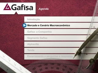 Agenda


Introdução

Mercado e Cenário Macroeconômico

Gafisa: a Companhia

Segmento Gafisa

Alphaville

Tenda

Encerramento e perguntas e respostas




                                       7
 