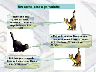 –  Não seria mau que o passarito tivesse um nome – sugeriu Secretário  (p.76) –  Estou de acordo. Deve ter um nome, mas antes é preciso saber se é macho ou fêmea – miou Zorbas. –  O único que nos pode dizer se é macho ou fêmea é o Barlavento.  (p.77) Um nome para a gaivotinha 