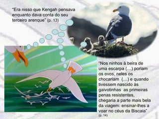 “ Nos ninhos à beira de uma escarpa (…) poriam os ovos, neles os chocariam  (…) e quando tivessem nascido às gaivotinhas  as primeiras penas resistentes, chegaria a parte mais bela da viagem: ensinar-lhes a voar no céus da Biscaia”  (p. 14) “ Era nisso que Kengah pensava enquanto dava conta do seu terceiro arenque”  (p. 13) 